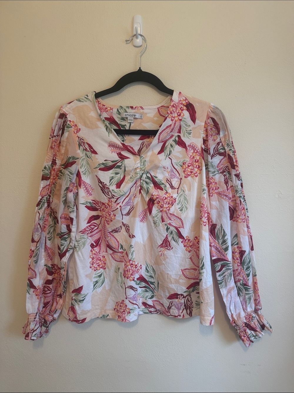 Chico's Floral Puff-Sleeve V-Neck Blouse in Pink and Green